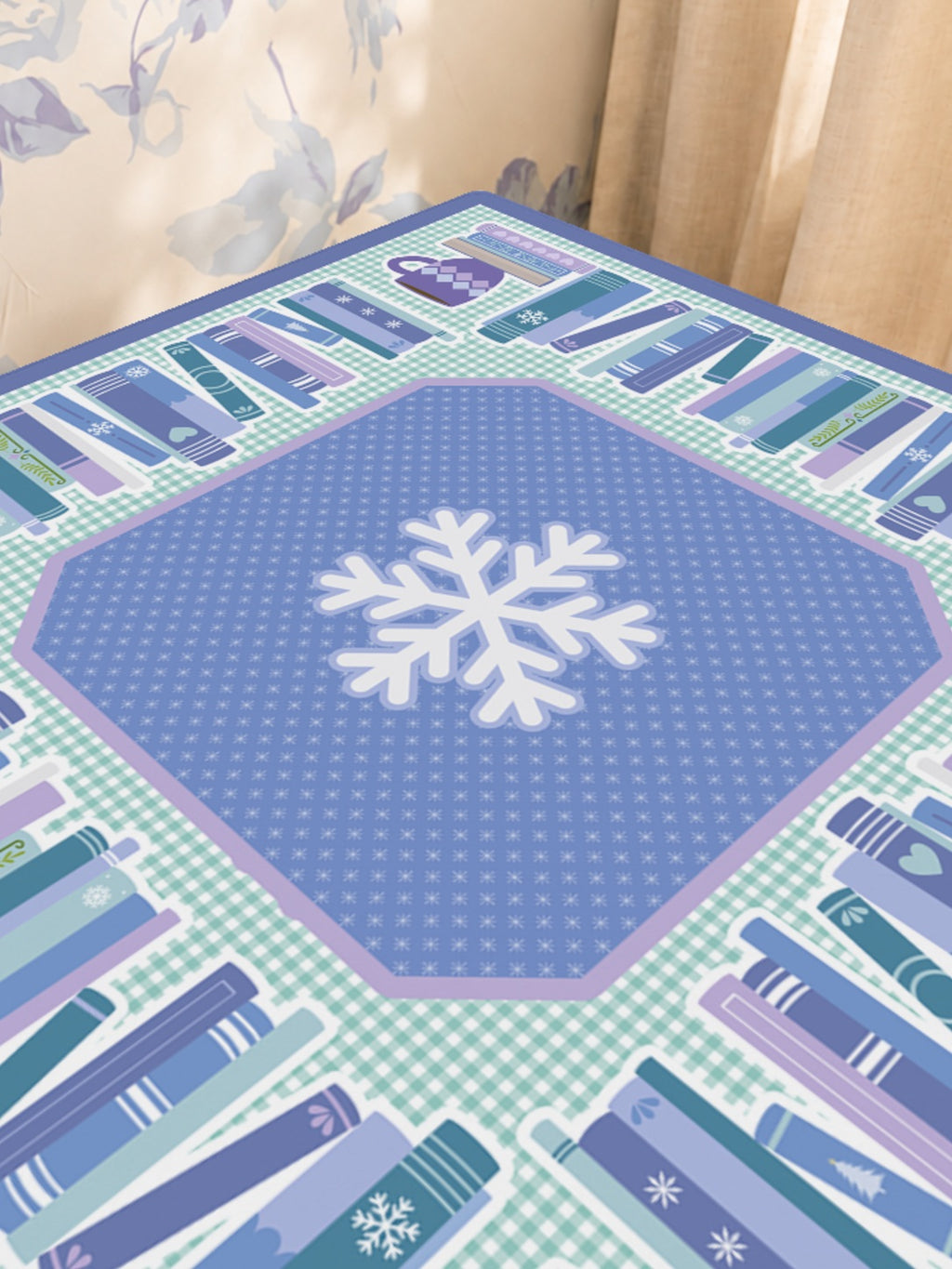 Cozy Winter Library Mahjong Mat — Sunlit Close-up [sunlit-closeup-square]