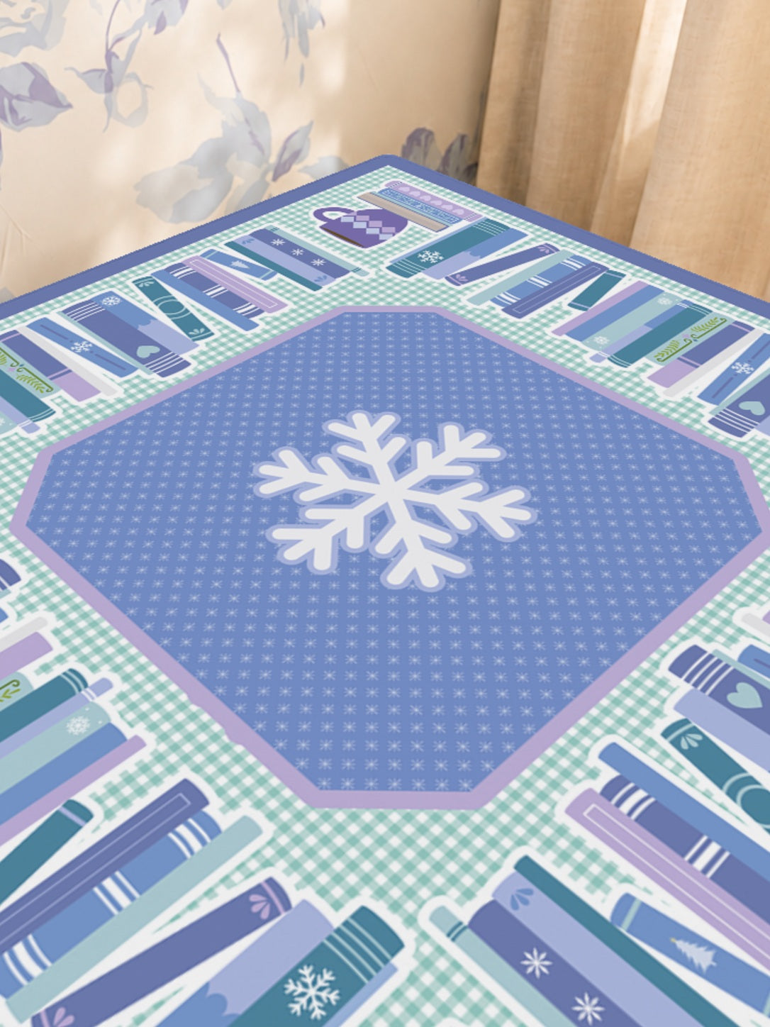 Cozy Winter Library Mahjong Mat — Sunlit Close-up [sunlit-closeup-square]