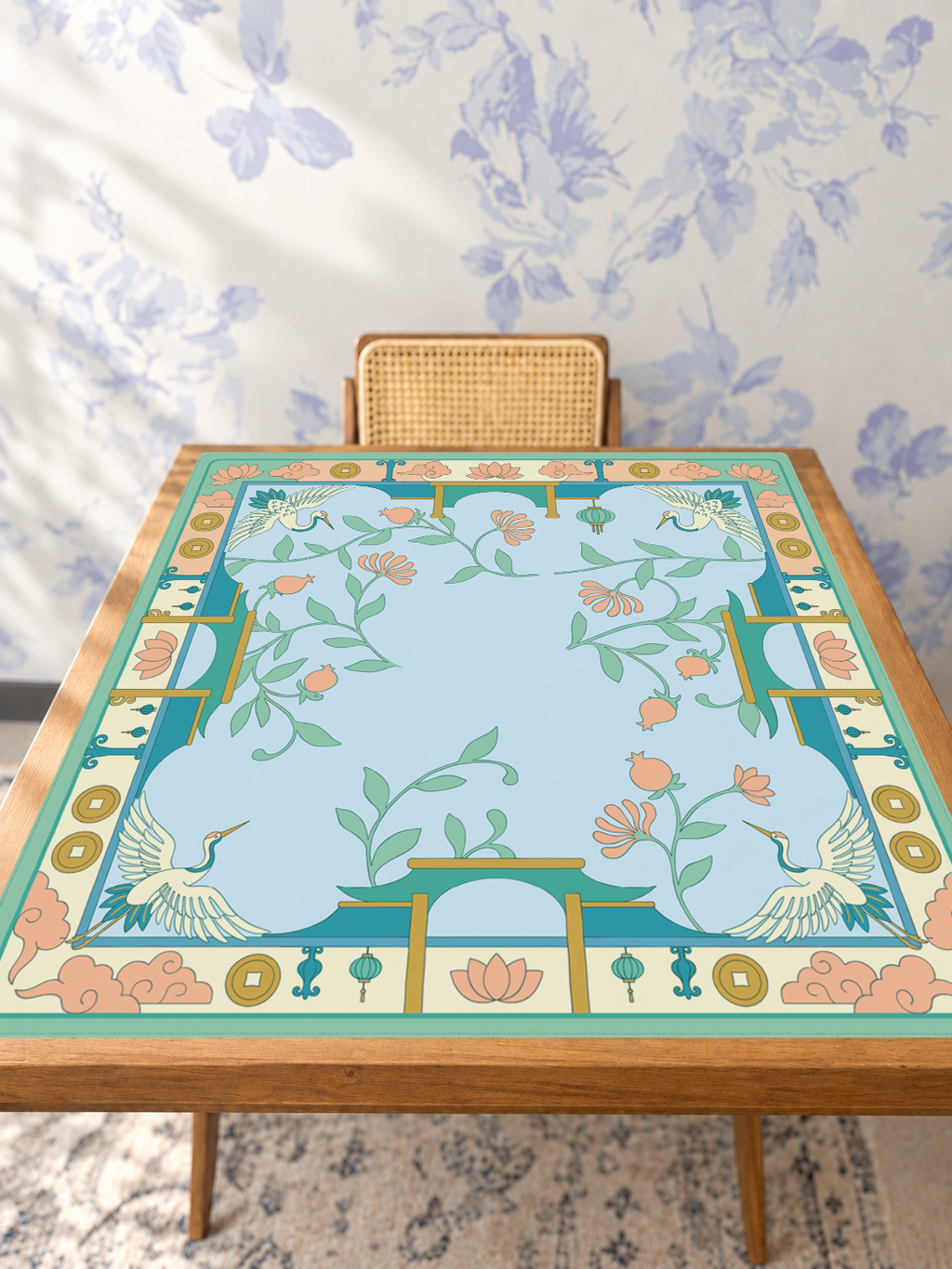 Crane Expectations mahjong mat — Studio Table Angle