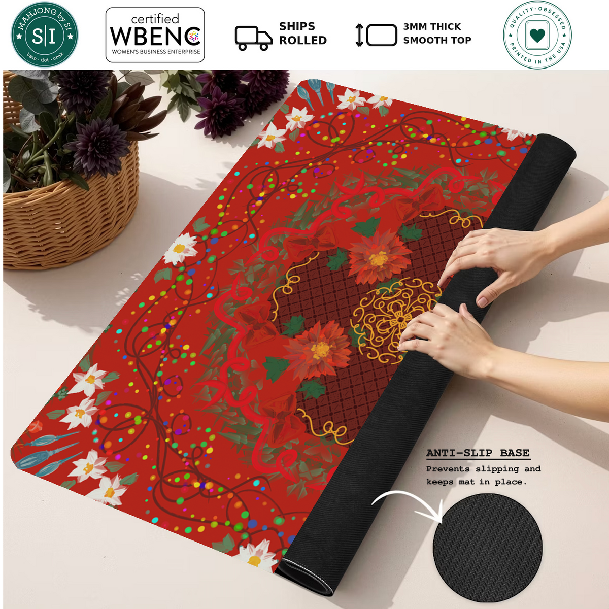 Crimson Lotus Dreams mahjong mat — Rolled Mat Feature Image