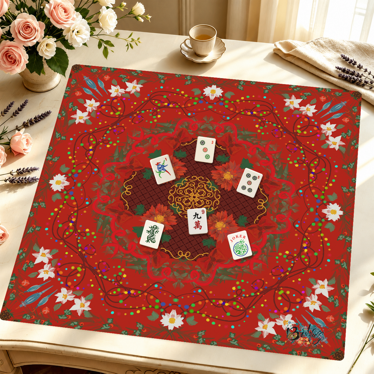 Crimson Lotus Dreams mahjong mat — Styled Tile Table