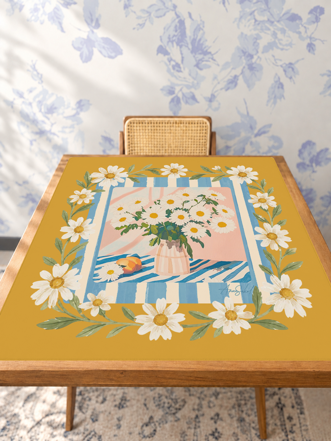 Daisies & Dots mahjong mat — Studio Table Angle