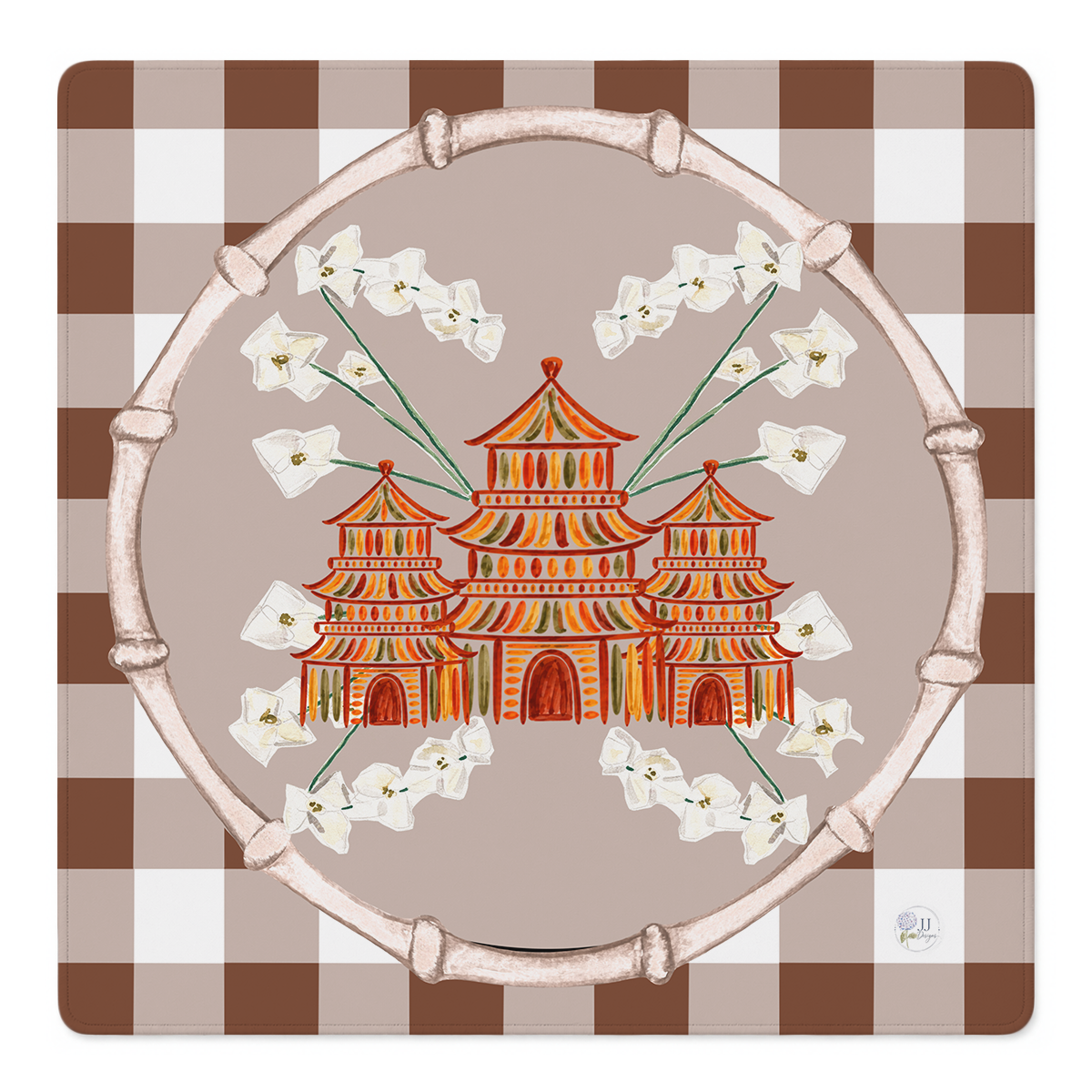 Pagoda Village mahjong mat original artwork by Jessica Henderson of JJ Designs