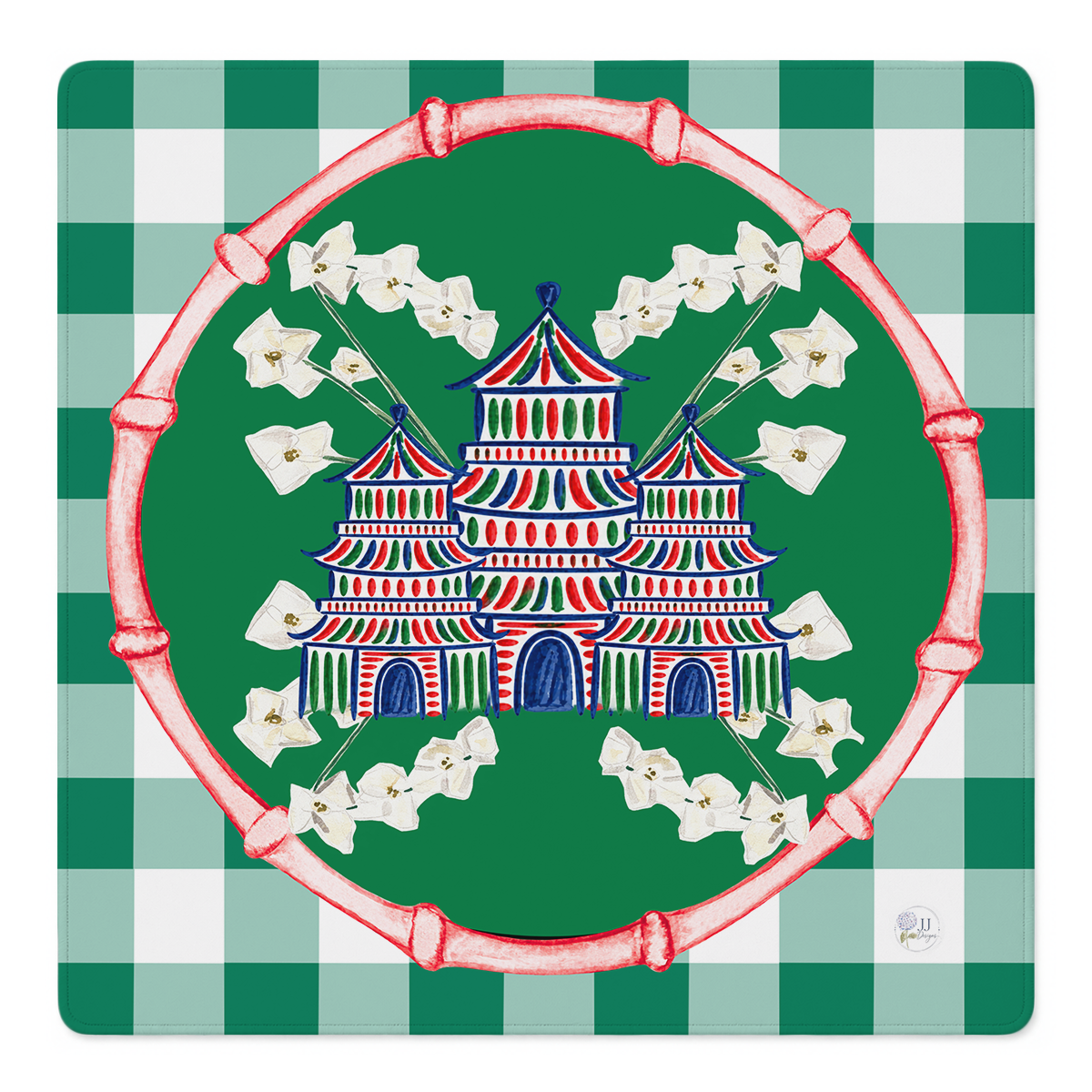 Christmas Pagoda Village mahjong mat original artwork by Jessica Henderson of JJ Designs