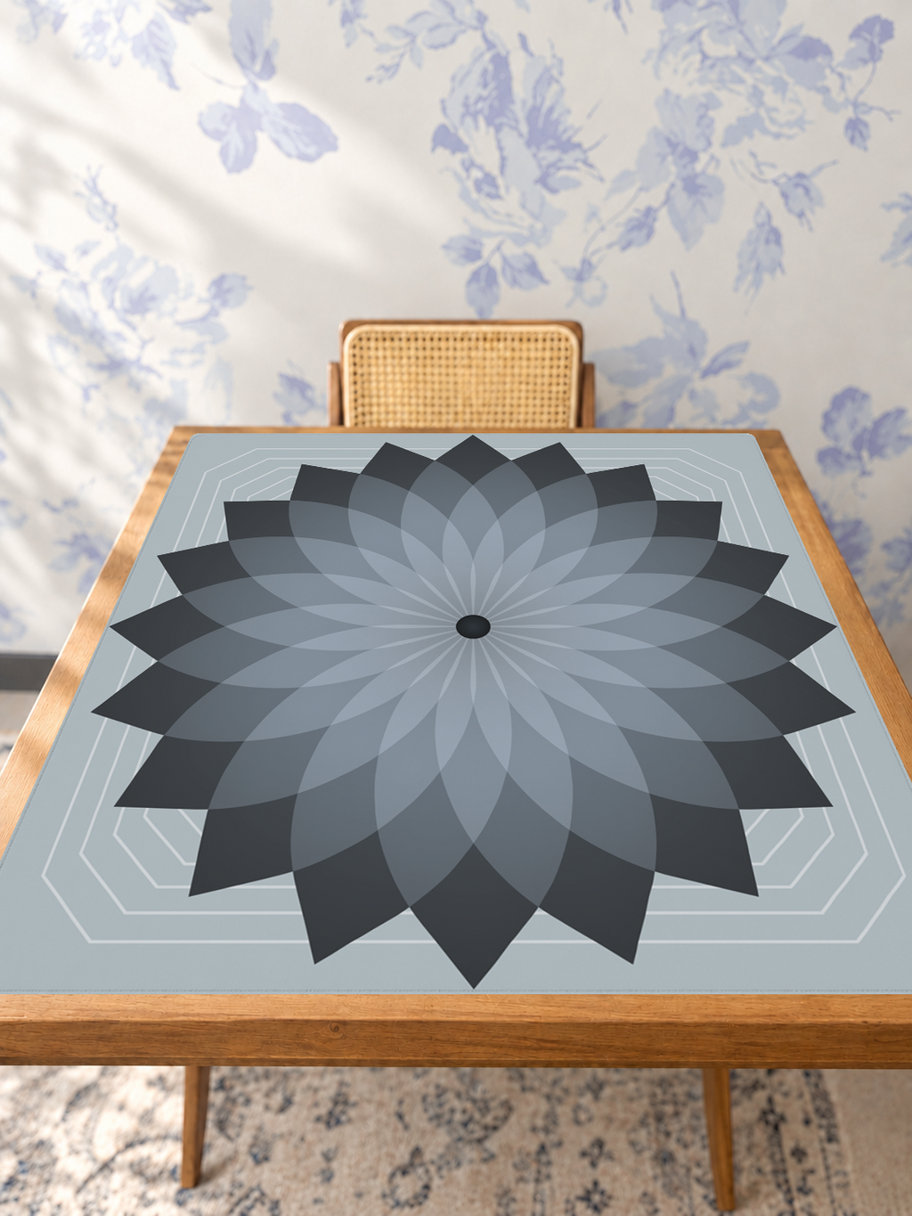 Eternal Mandala | Grey mahjong mat — Studio Table Angle