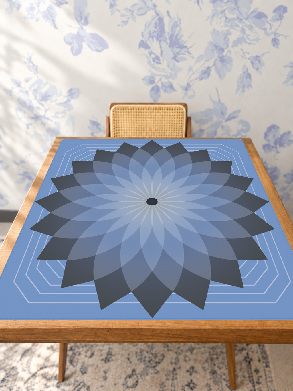 Eternal Mandala | Blue mahjong mat — Studio Table Angle