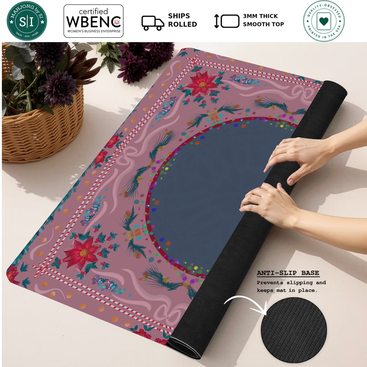 Festive Wreath Wonder mahjong mat — Rolled Mat Feature Image