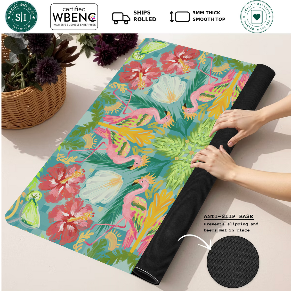 Flamingle and Bloom mahjong mat — Rolled Mat Feature Image