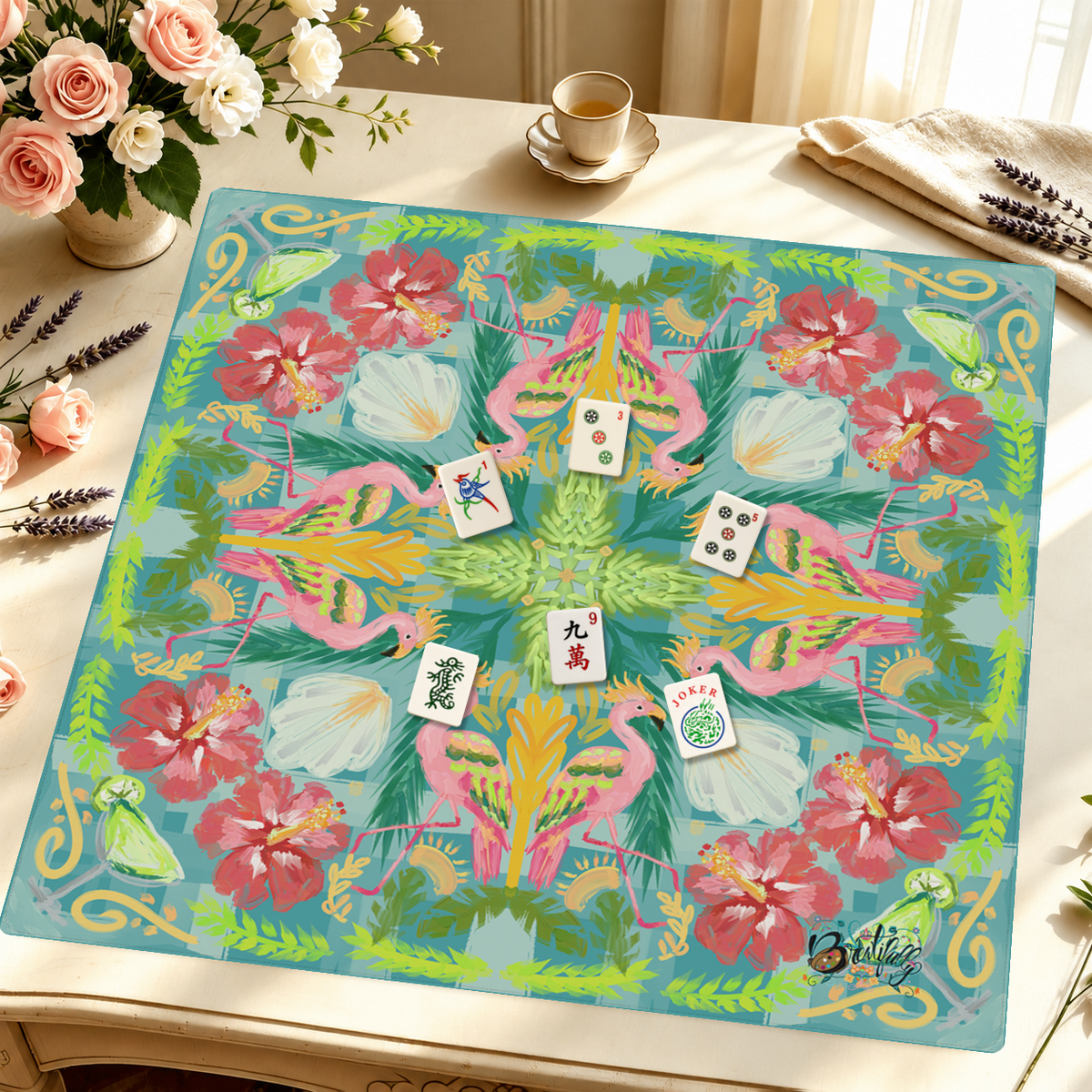Flamingle and Bloom mahjong mat — Styled Tile Table