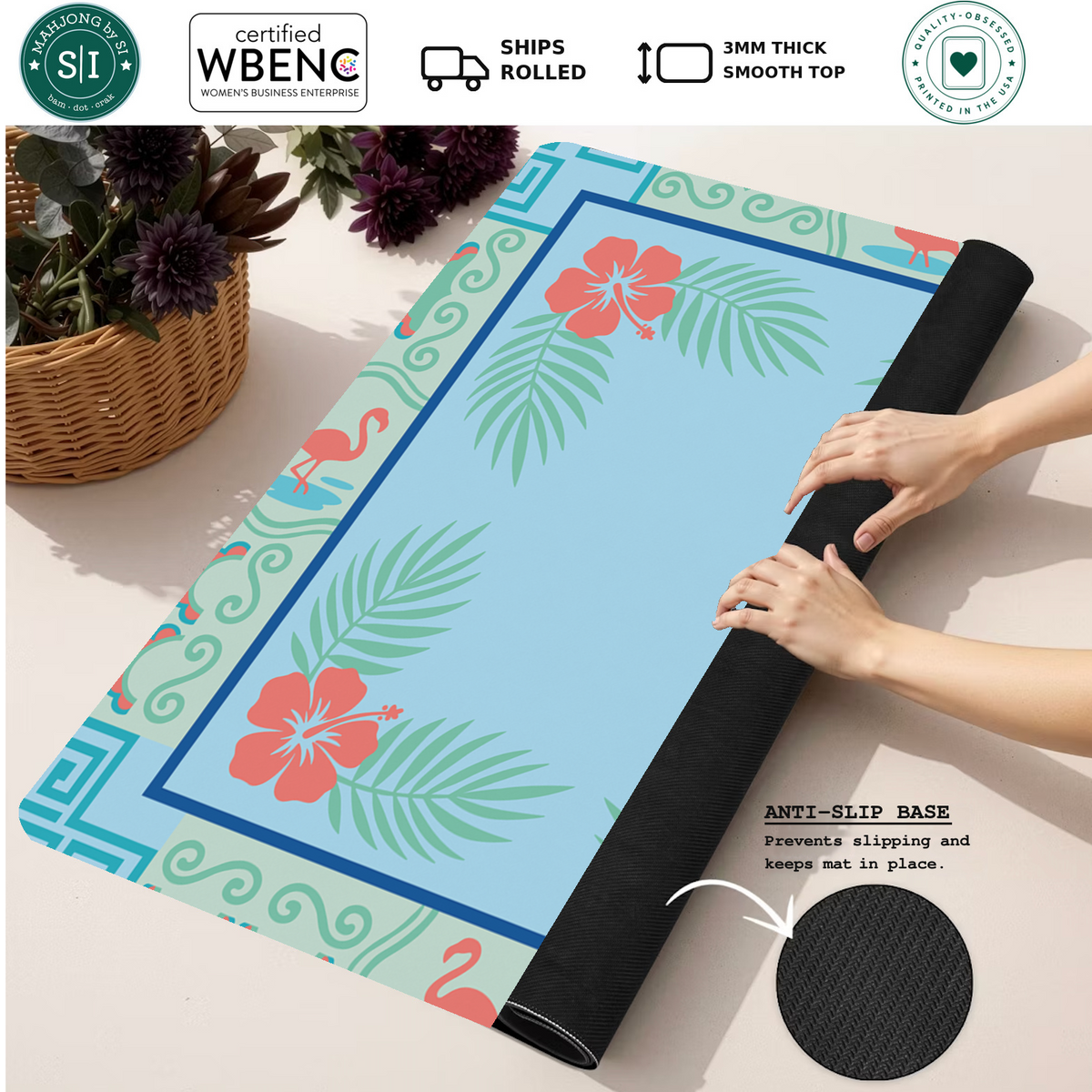 Flamingo Fandango mahjong mat — Rolled Mat Feature Image