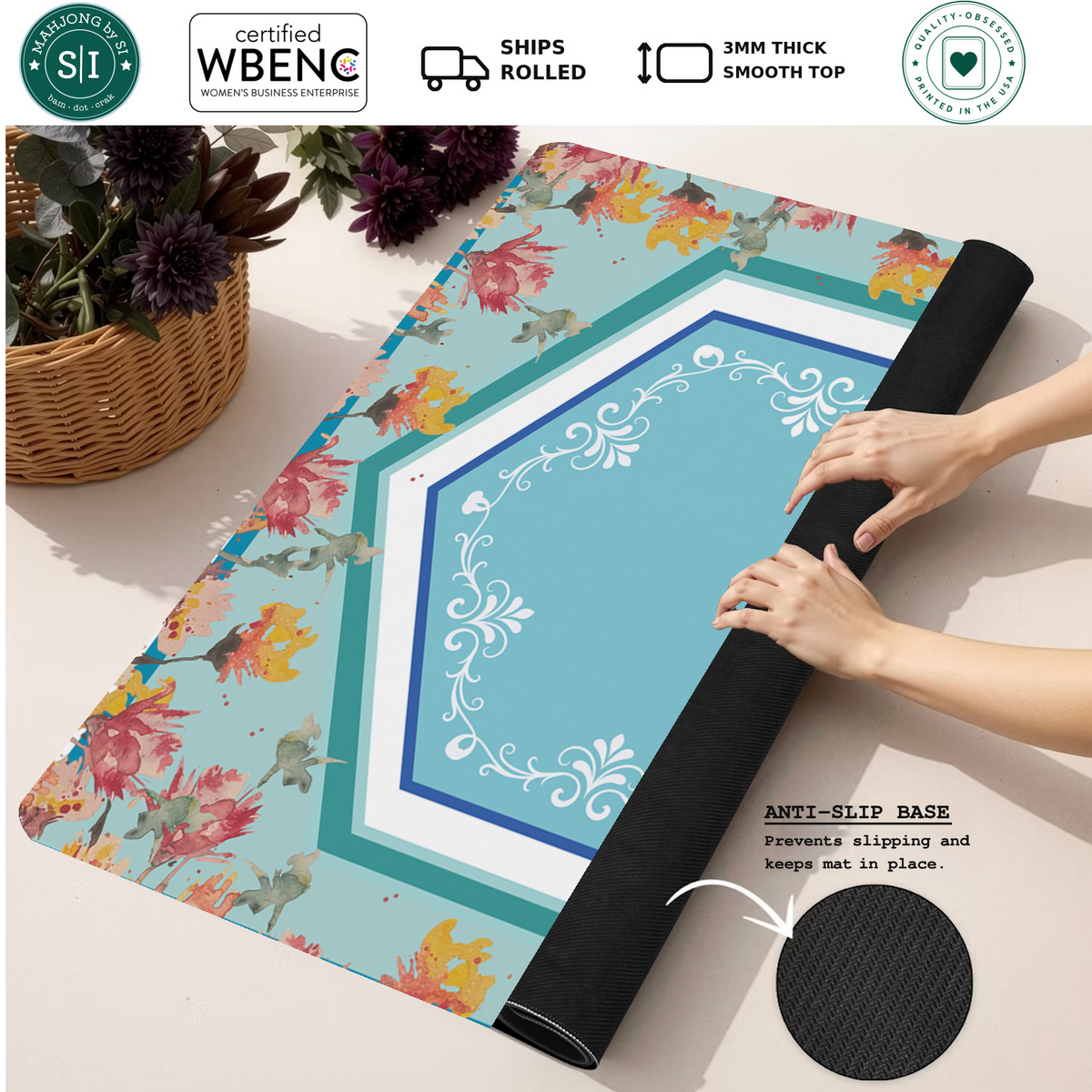 Floral Hexception mahjong mat — Rolled Mat Feature Image