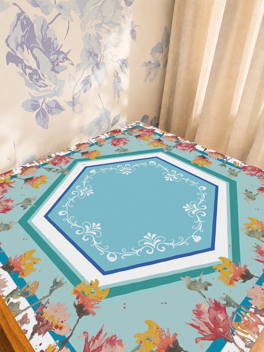 Floral Hexception mahjong mat — Sunlit Detail