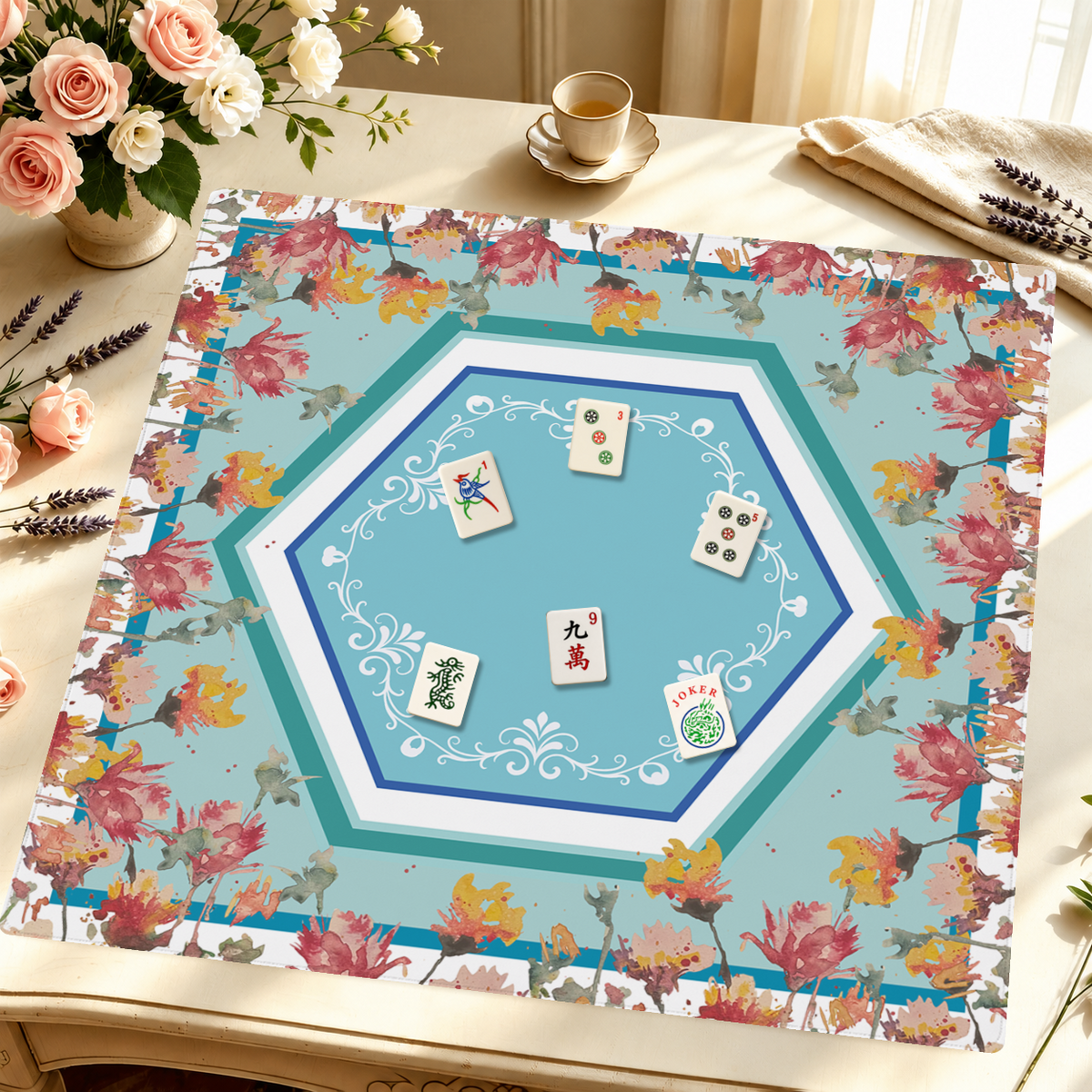 Floral Hexception mahjong mat — Styled Tile Table