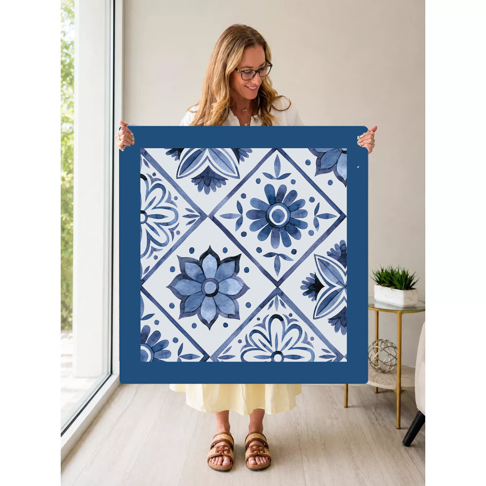 Flower Tile Power | Blue mahjong mat — Held Mat Portrait