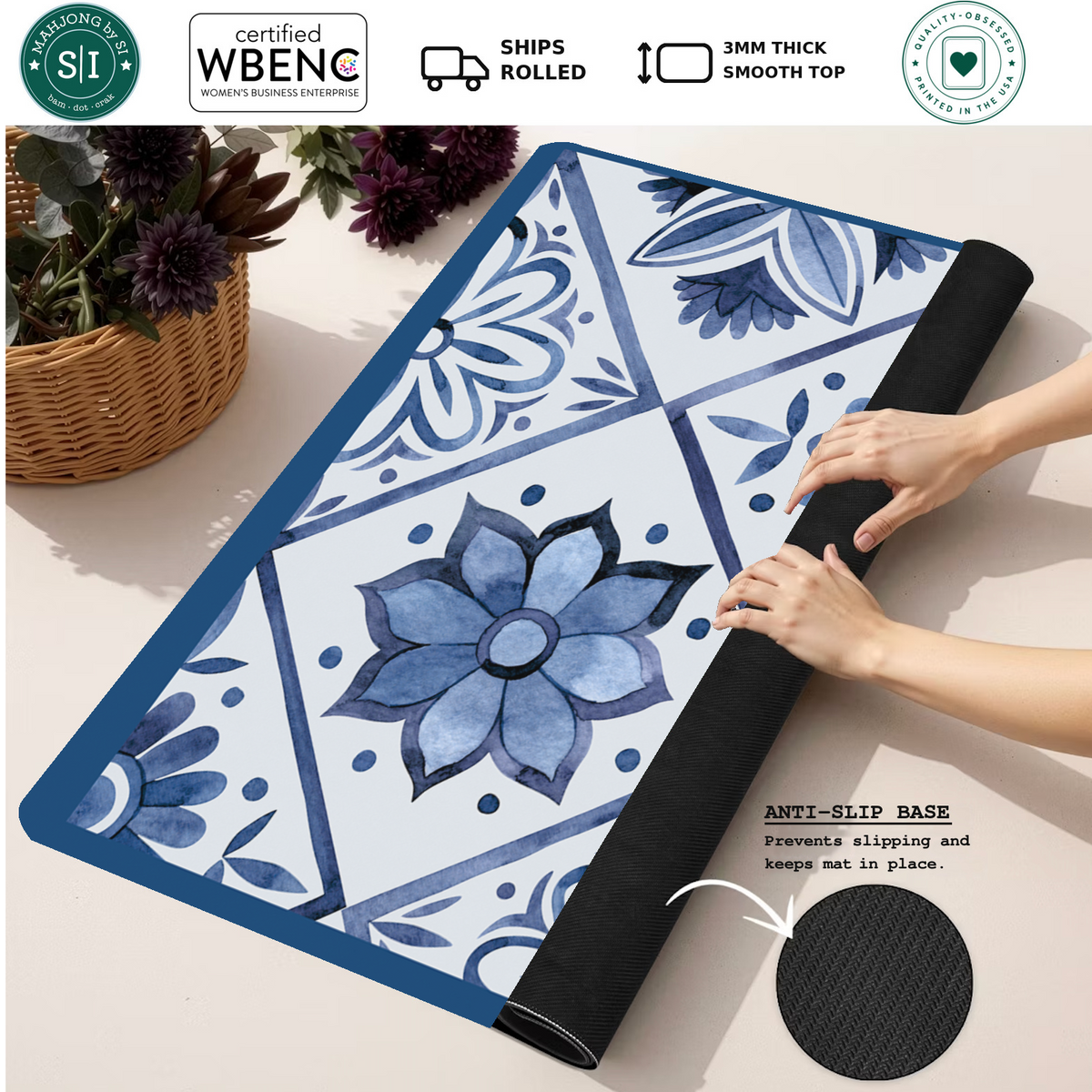 Flower Tile Power | Blue mahjong mat — Rolled Mat Feature Image