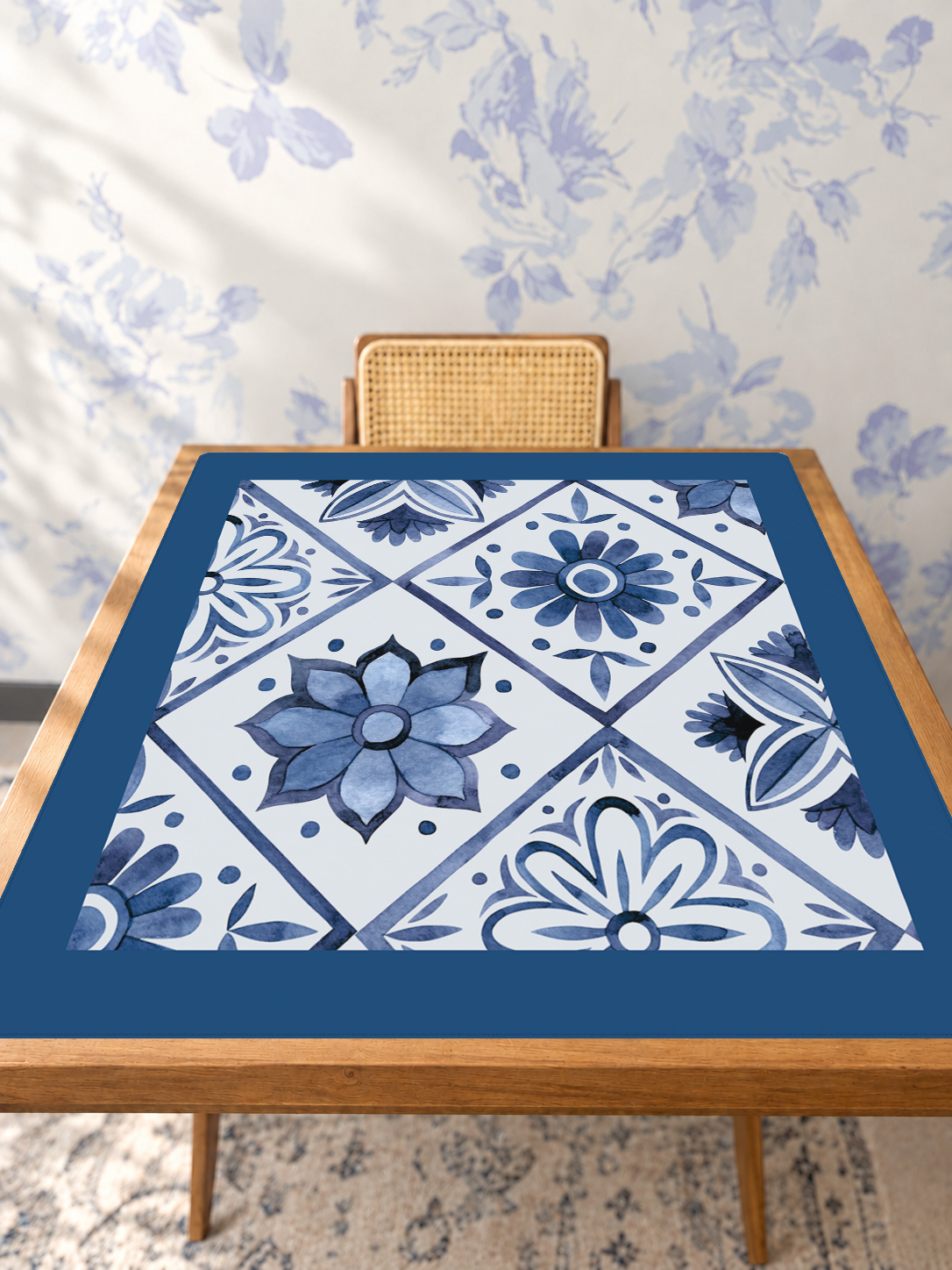 Flower Tile Power | Blue mahjong mat — Studio Table Angle