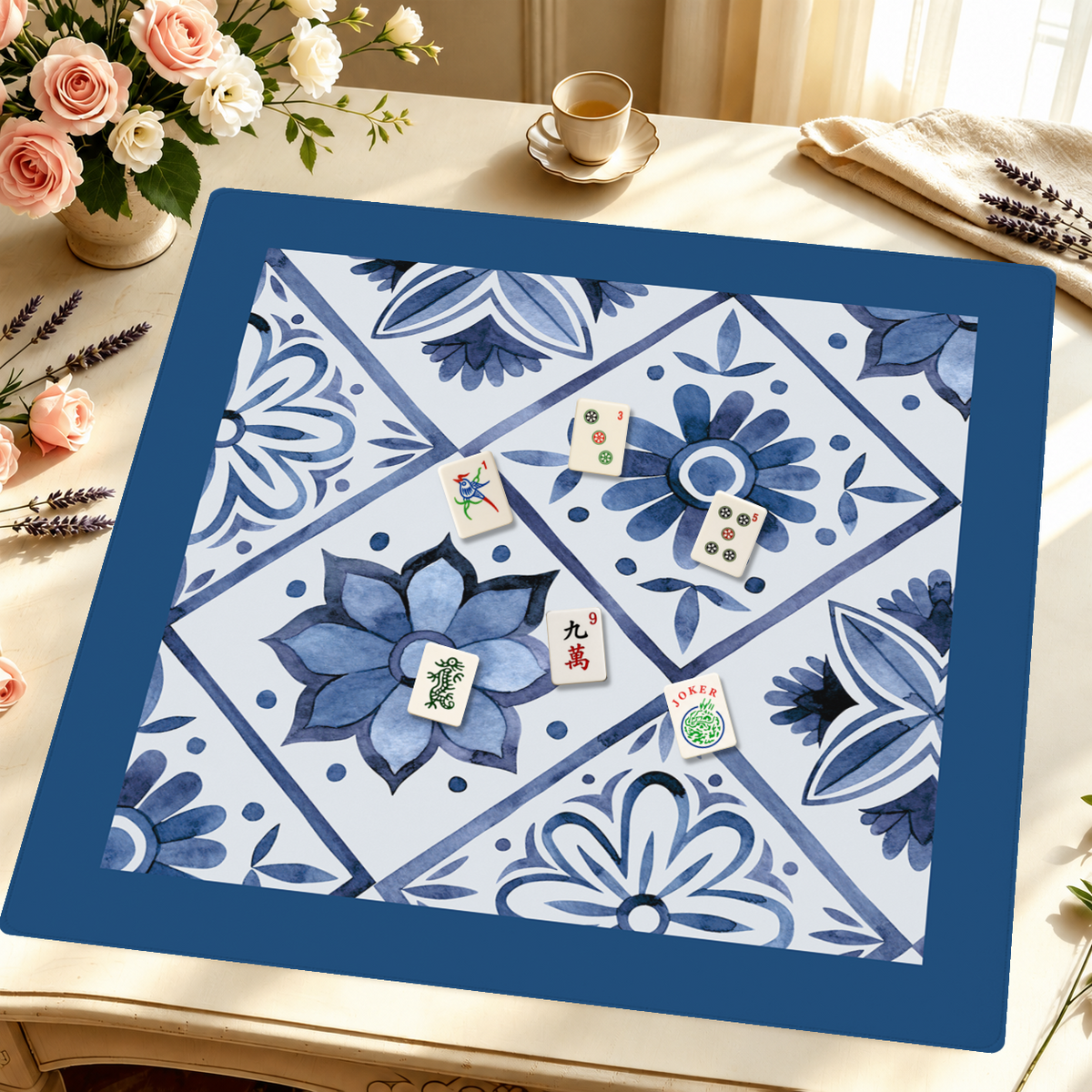 Flower Tile Power | Blue mahjong mat — Styled Tile Table