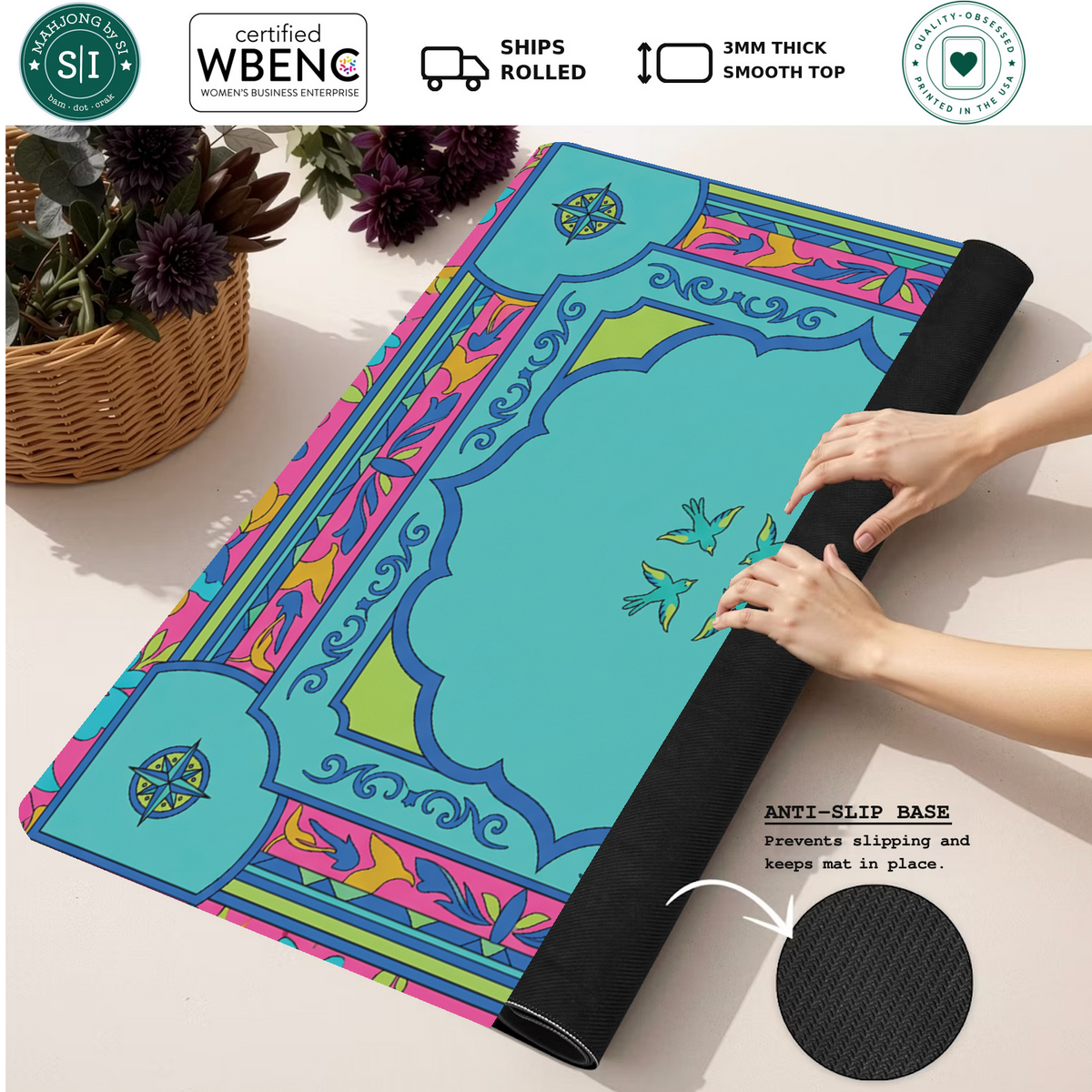 Fly Me to the Bloom mahjong mat — Rolled Mat Feature Image
