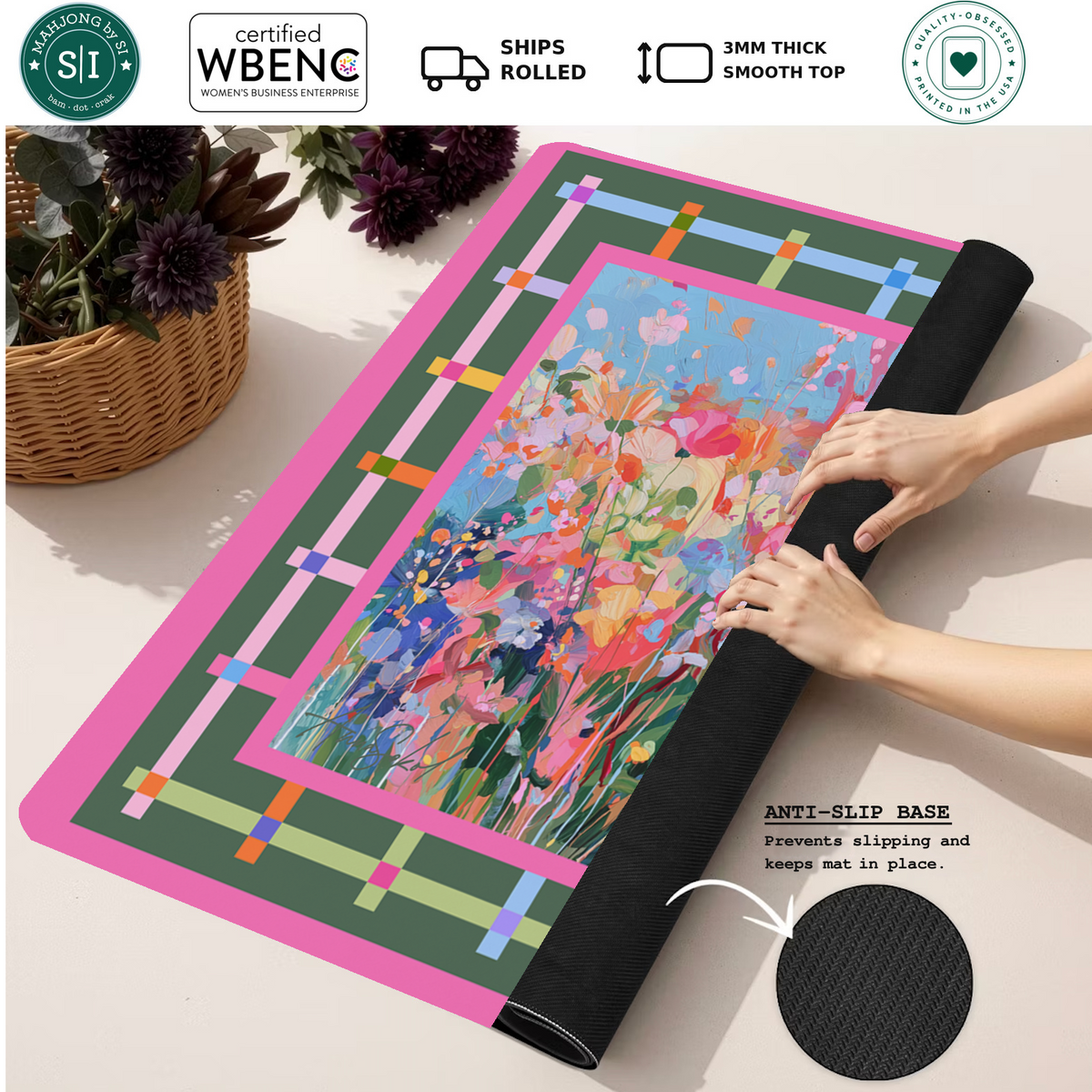Friends & Florals mahjong mat — Rolled Mat Feature Image