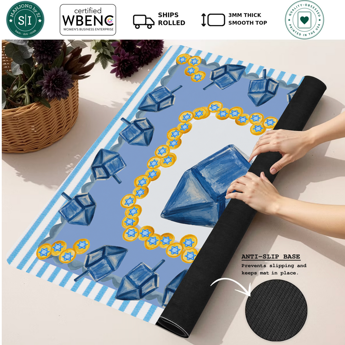 Gilded Dreidel mahjong mat — Rolled Mat Feature Image