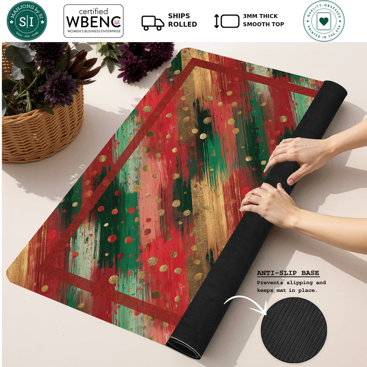 Gilded Noel mahjong mat — Rolled Mat Feature Image