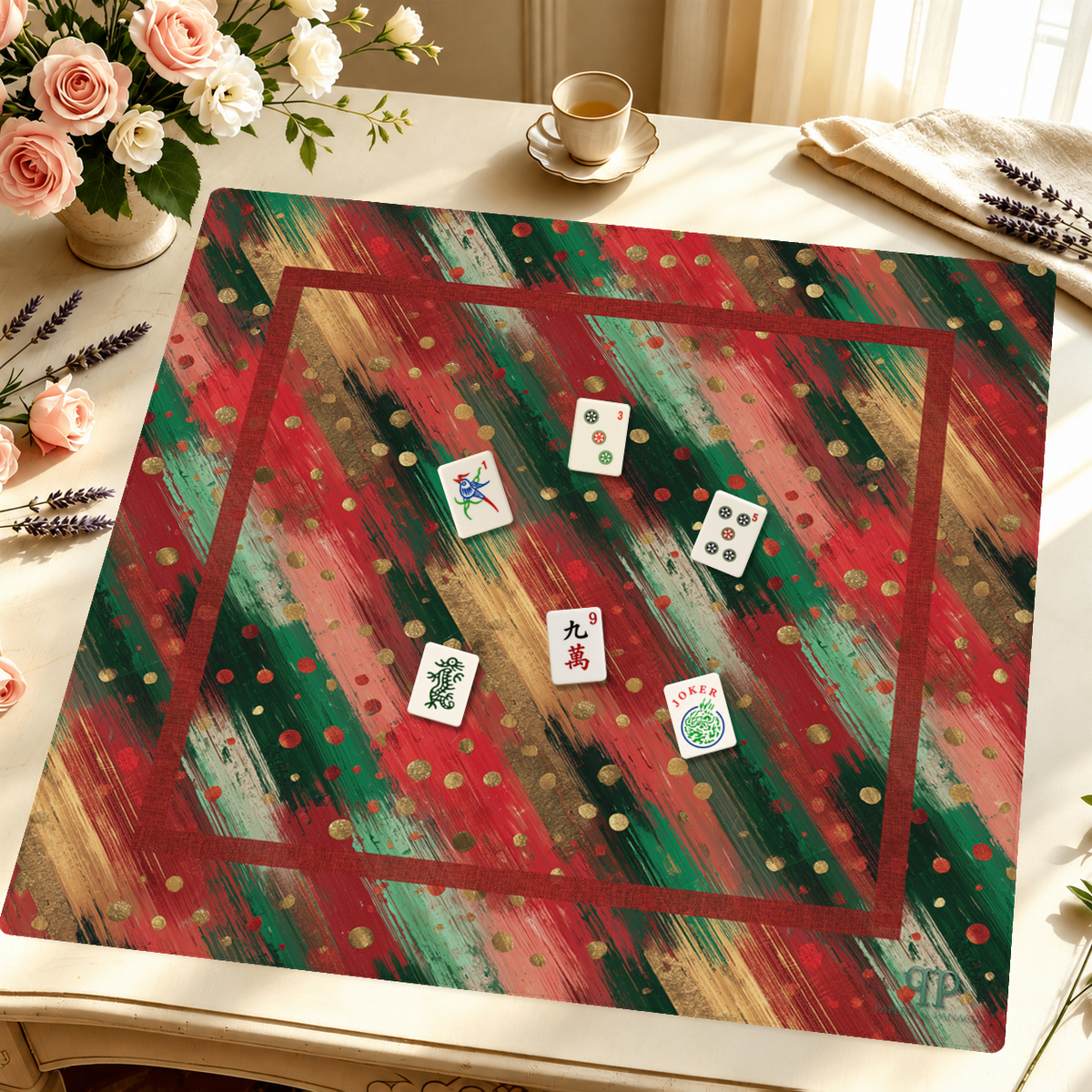 Gilded Noel mahjong mat — Styled Tile Table