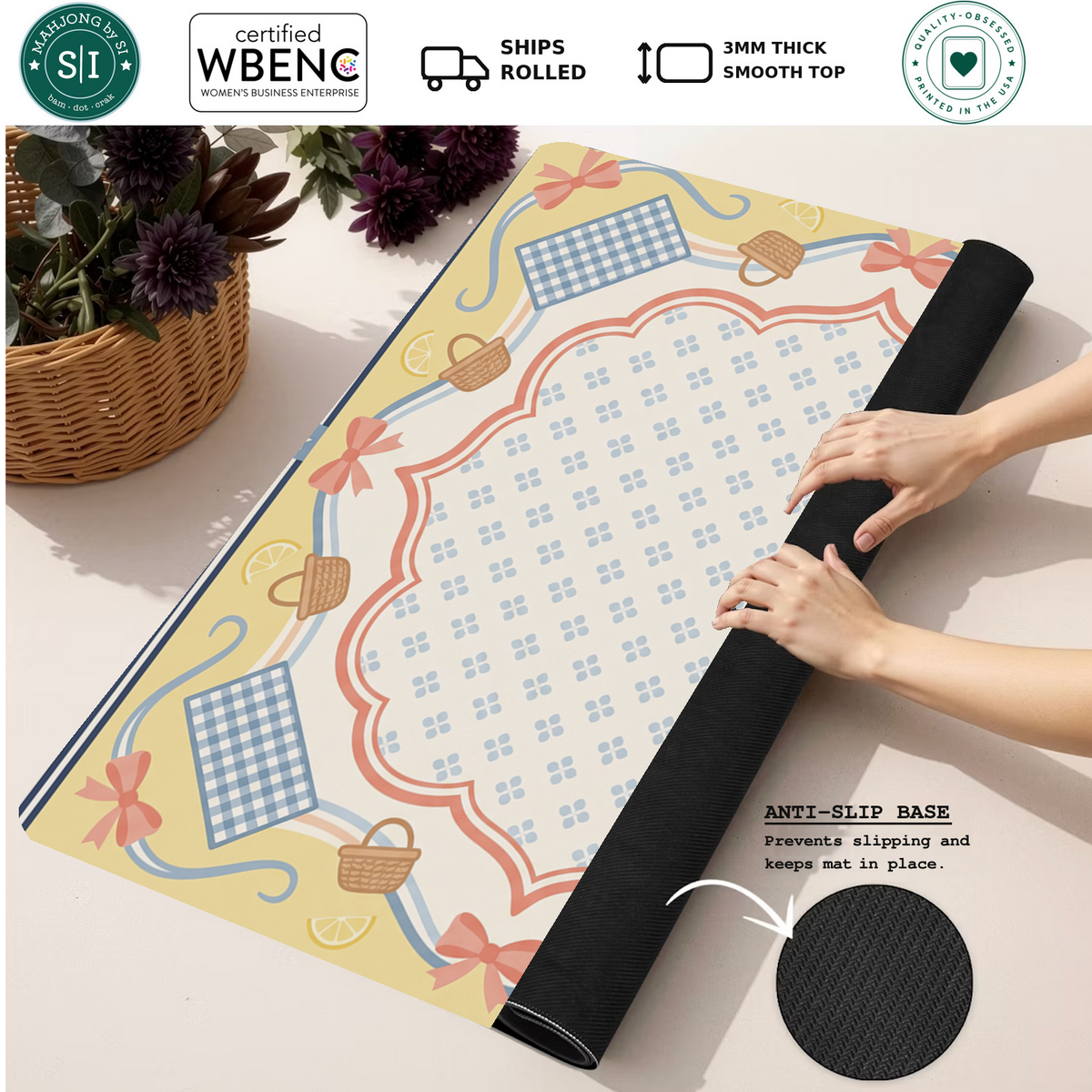 Gingham Picnic Basket mahjong mat — Rolled Mat Feature Image