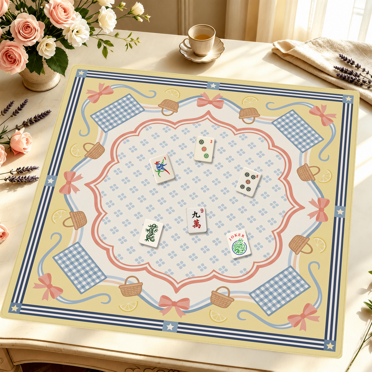 Gingham Picnic Basket mahjong mat — Styled Tile Table