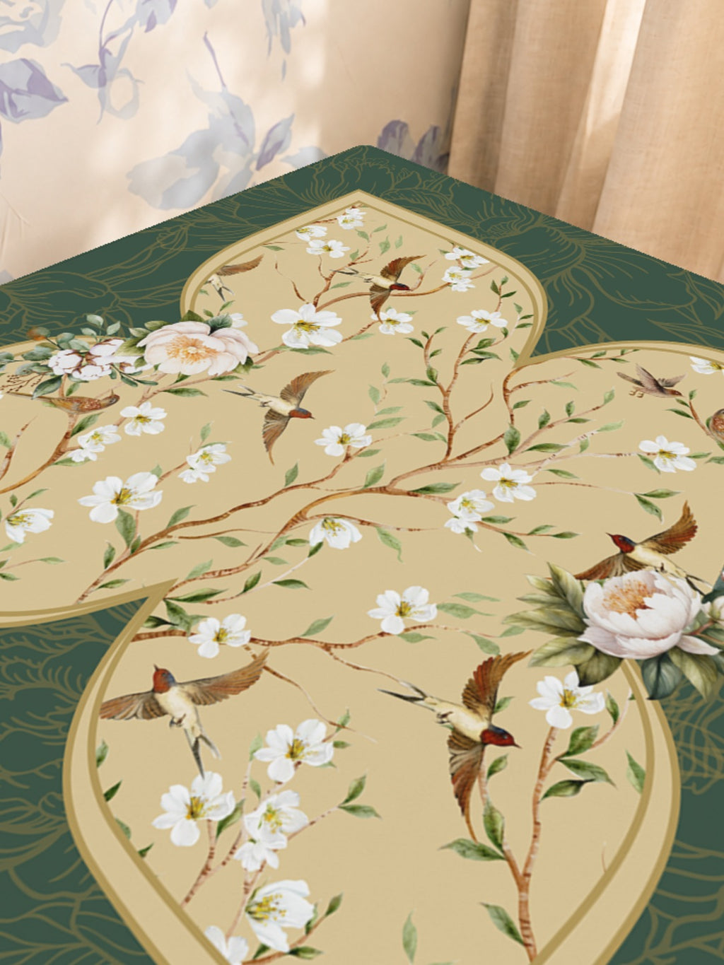 Mahjong by SI™ Golden Aviary Mahjong Mat — Sunlit Close-up [sunlit-closeup-square]
