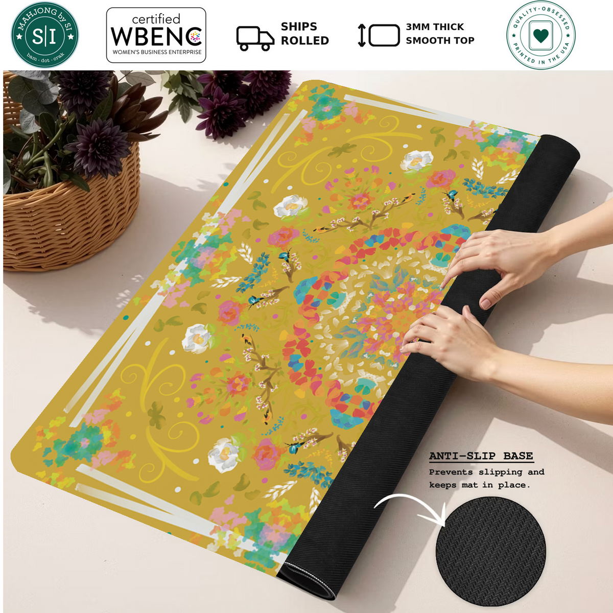 Golden Garden Tapestry mahjong mat — Rolled Mat Feature Image
