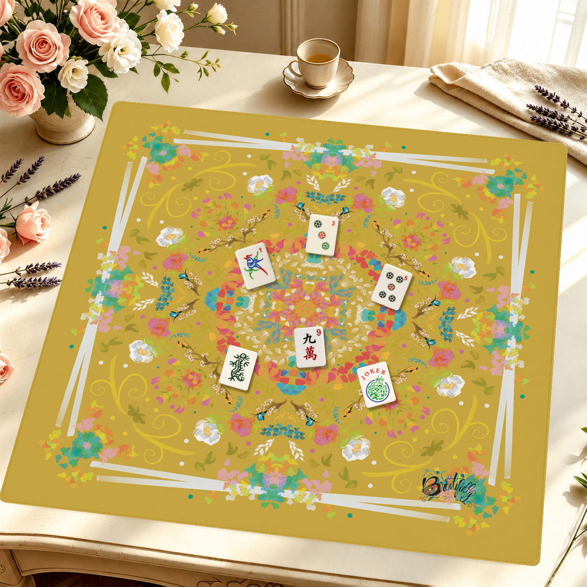 Golden Garden Tapestry mahjong mat — Styled Tile Table