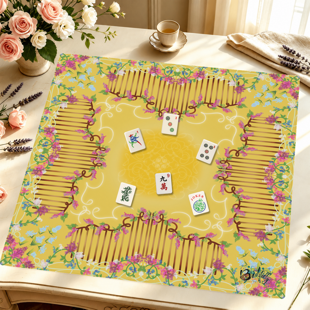 Golden Hour Garden mahjong mat — Styled Tile Table
