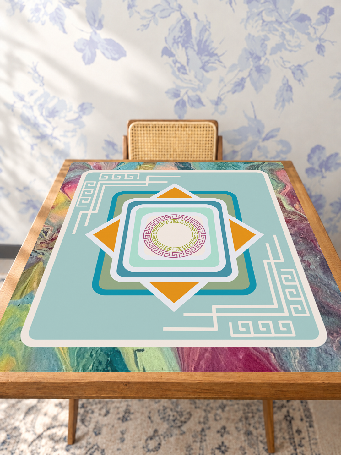 Greek to Meet You mahjong mat — Studio Table Angle