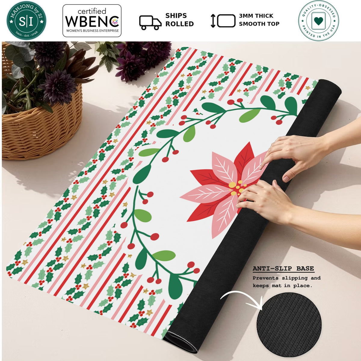 Happy Holly Days Mahjong Mat — Rolled Mat Feature Image [rolled-feature-square]