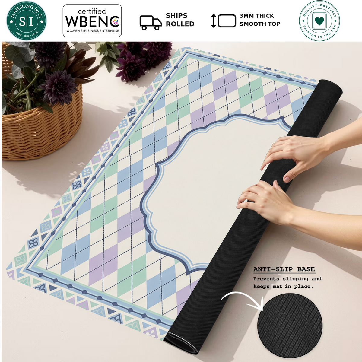 Harlequin Daydream mahjong mat — Rolled Mat Feature Image