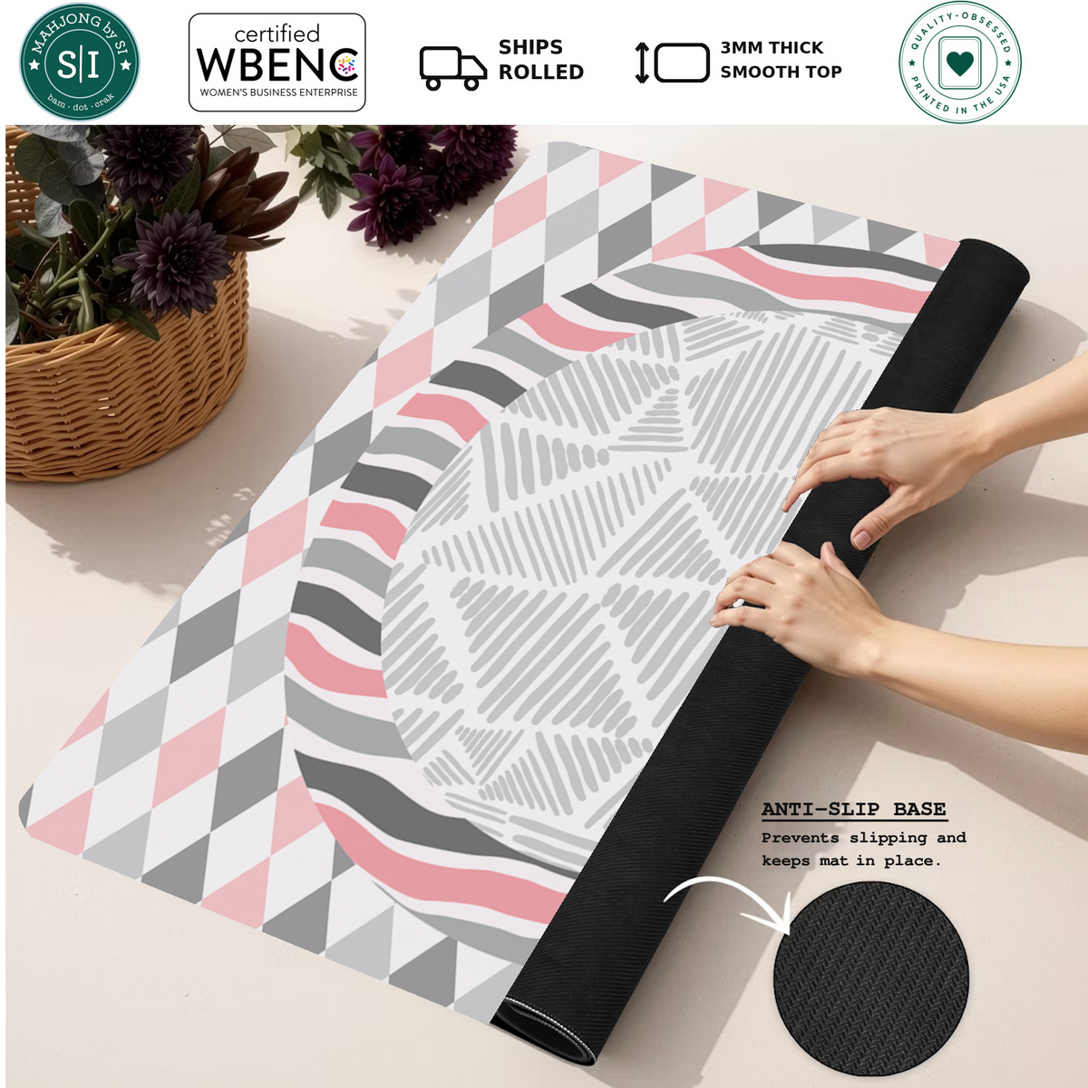 Harlequin Hearts mahjong mat — Rolled Mat Feature Image