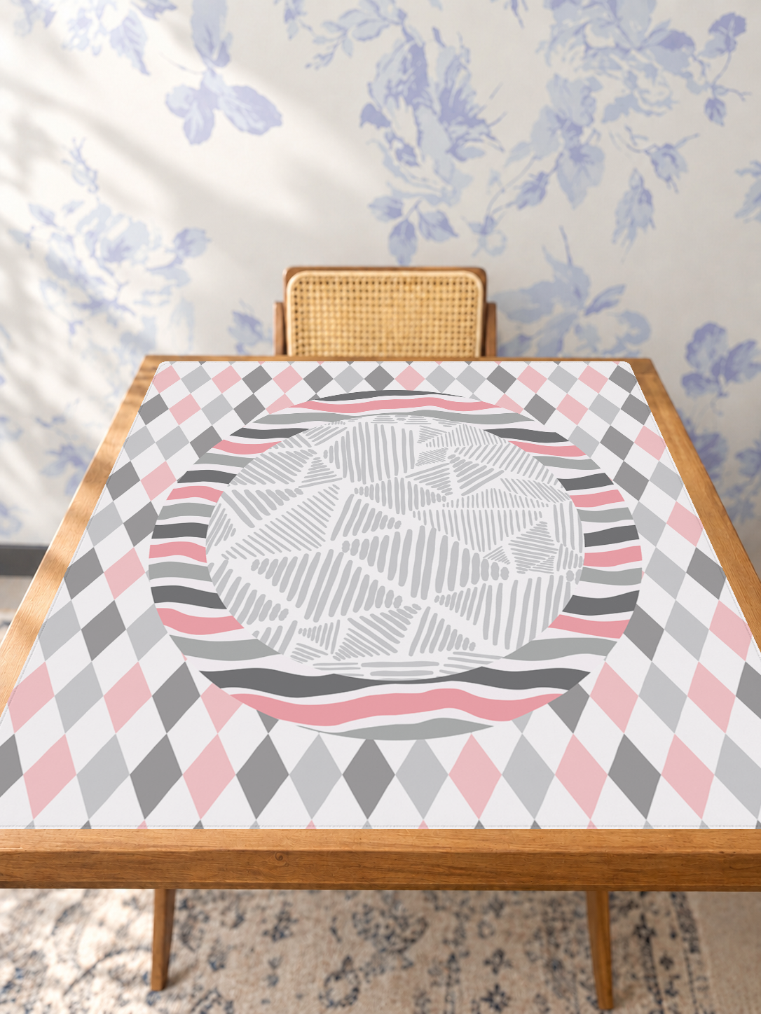 Harlequin Hearts mahjong mat — Studio Table Angle