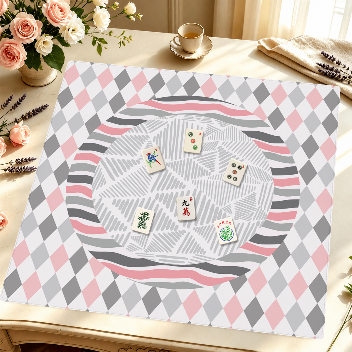 Harlequin Hearts mahjong mat — Styled Tile Table