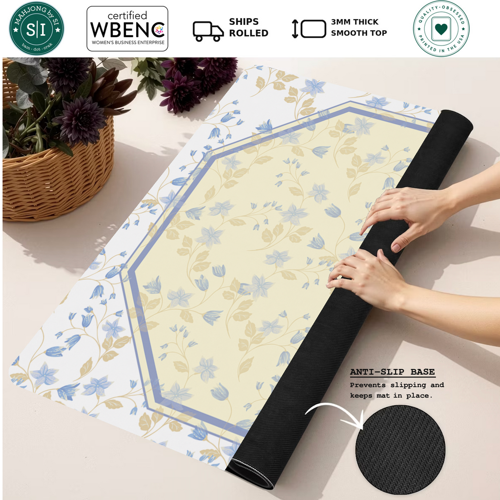 Heirloom Bloom | Blue mahjong mat — Rolled Mat Feature Image