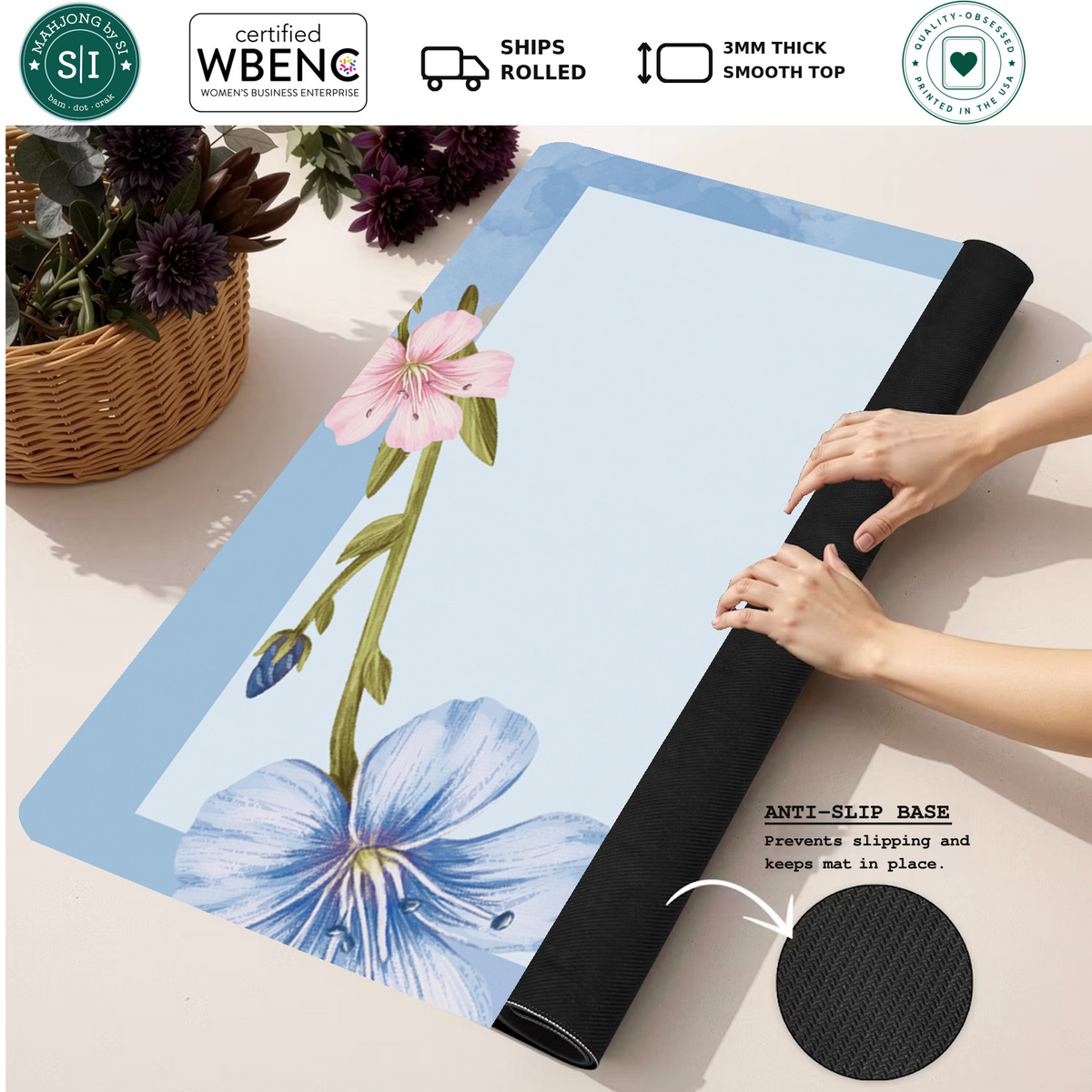 Hello Gorgeous |  Blue mahjong mat — Rolled Mat Feature Image