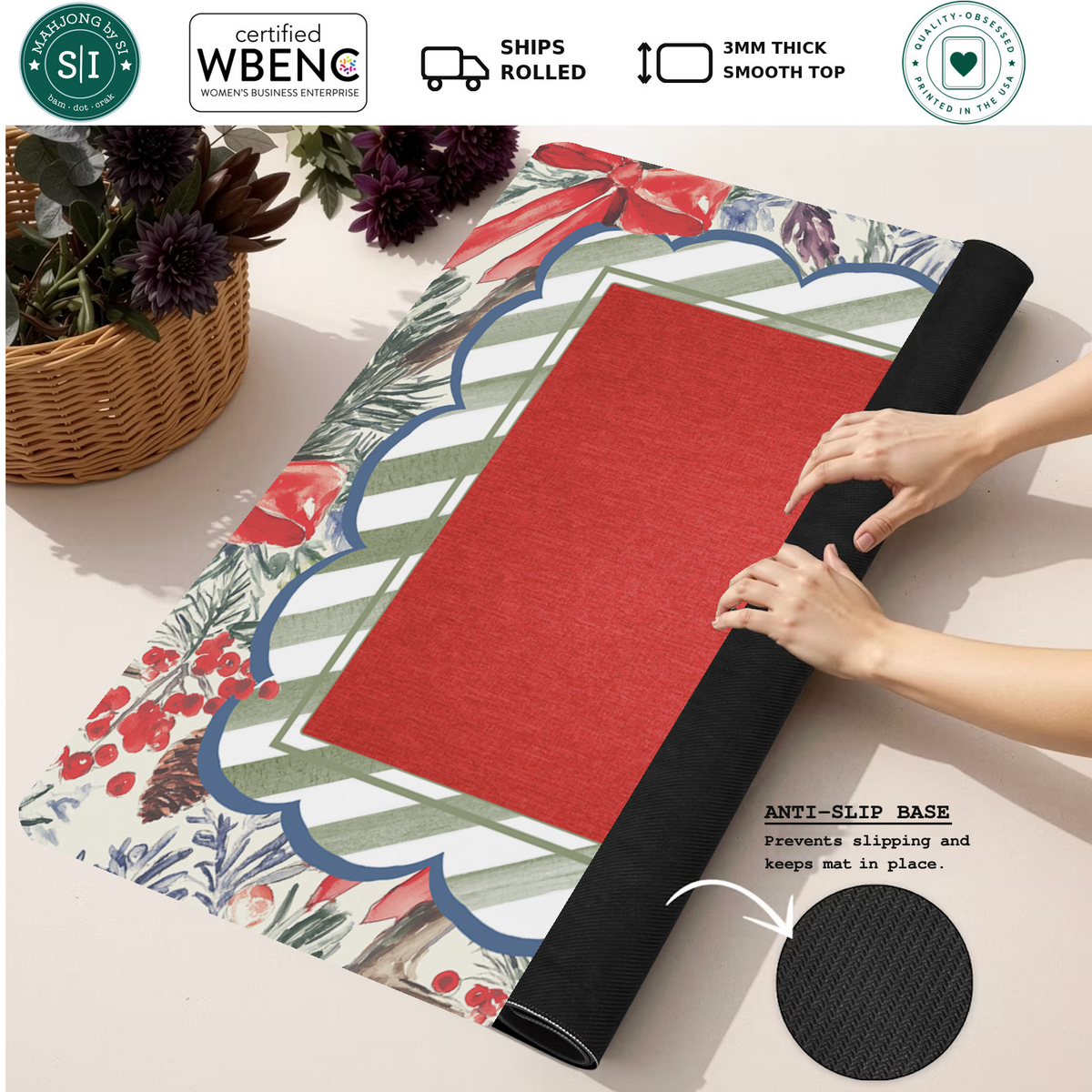 Holly Berry Lane mahjong mat — Rolled Mat Feature Image