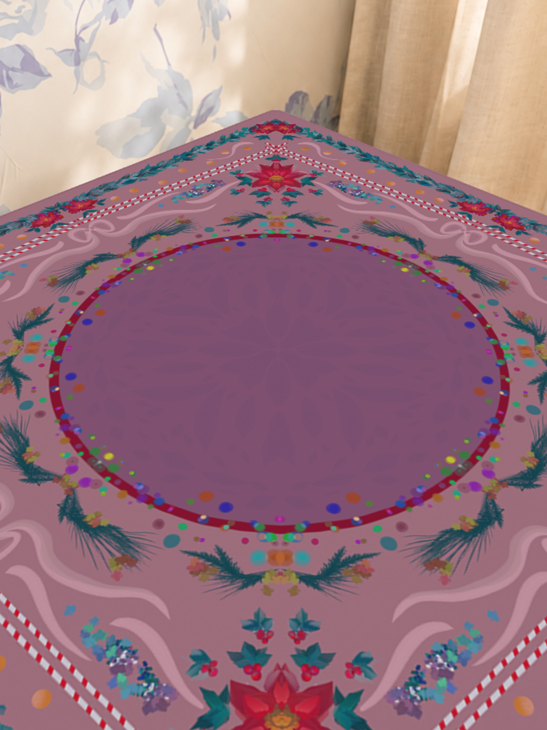 Holly Jolly Tiles mahjong mat — Sunlit Close-up