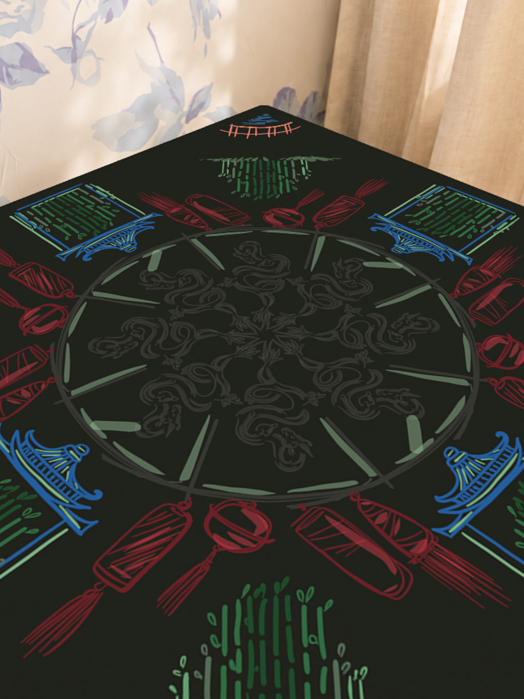 House of Red Lanterns mahjong mat — Sunlit Close-up