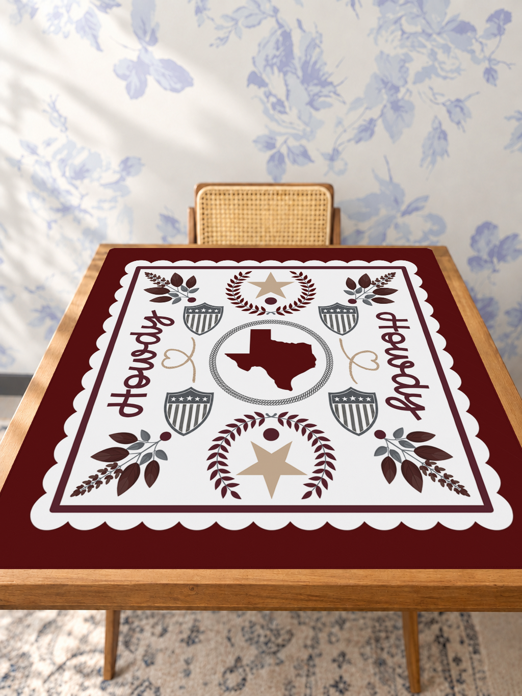 Howdy Y'all Texas Charm mahjong mat — Studio Table Angle