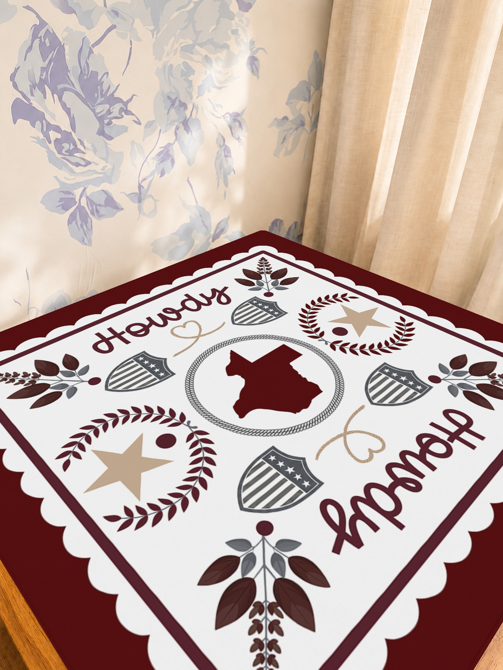 Howdy Y'all Texas Charm mahjong mat — Sunlit Detail