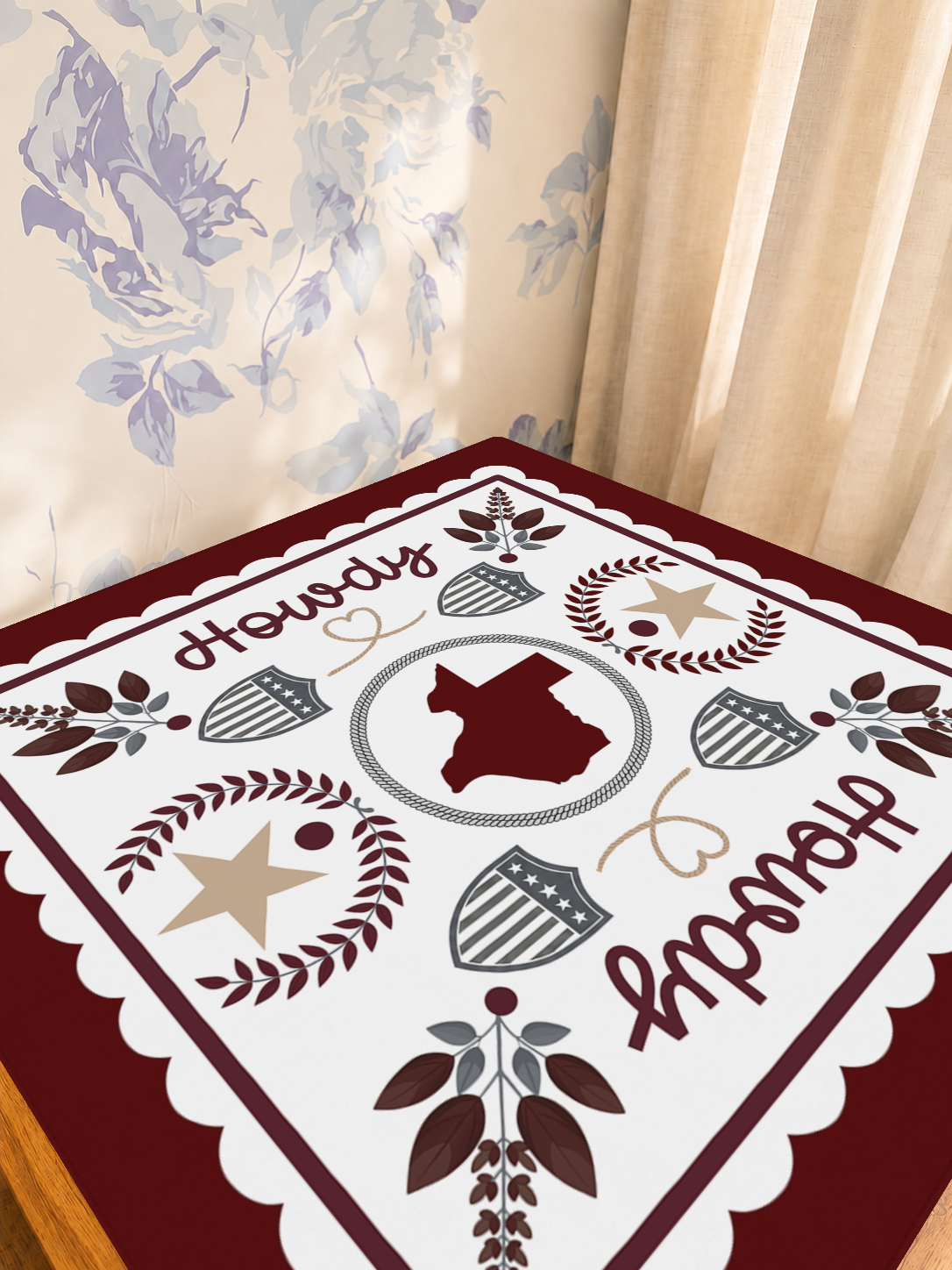 Howdy Y'all Texas Charm mahjong mat — Sunlit Detail