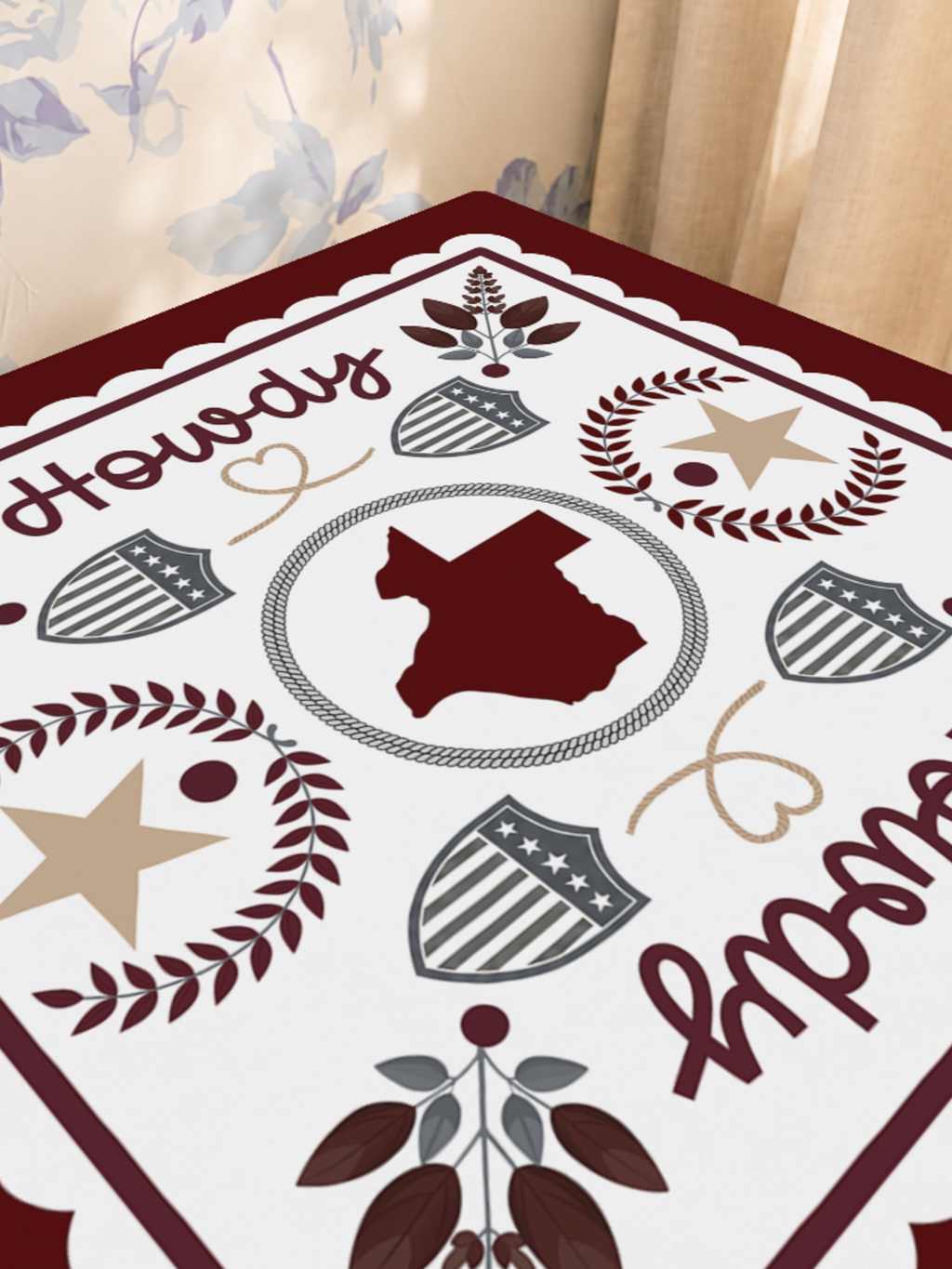 Howdy Y'all Texas Charm mahjong mat — Sunlit Close-up