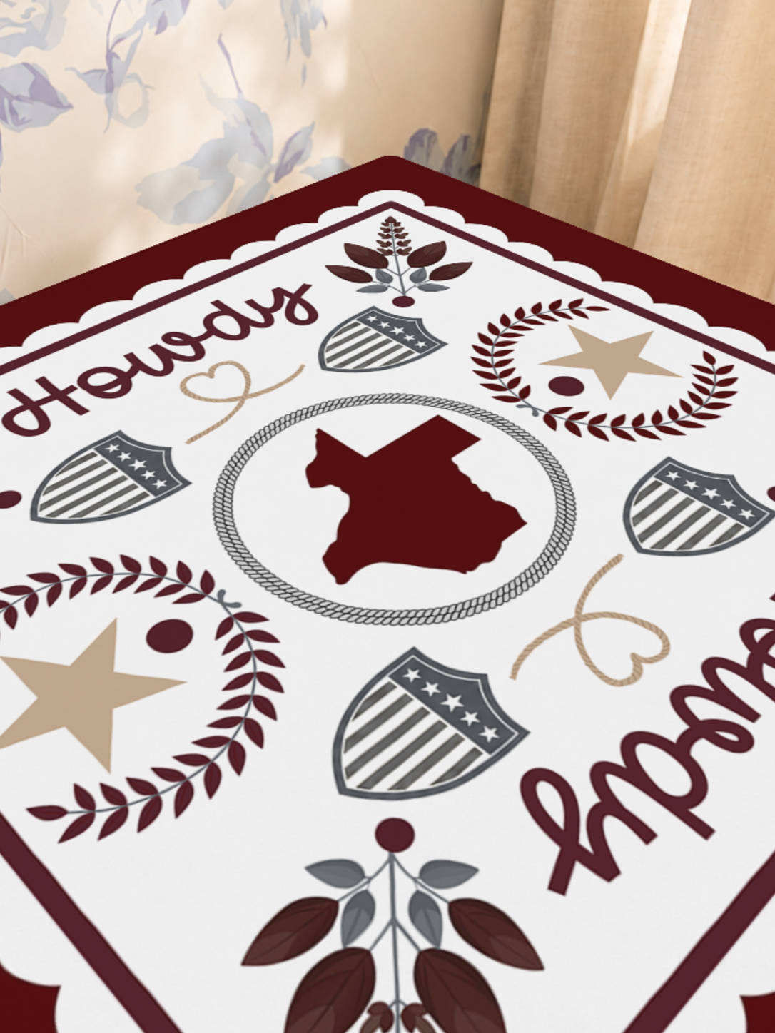 Howdy Y'all Texas Charm mahjong mat — Sunlit Close-up