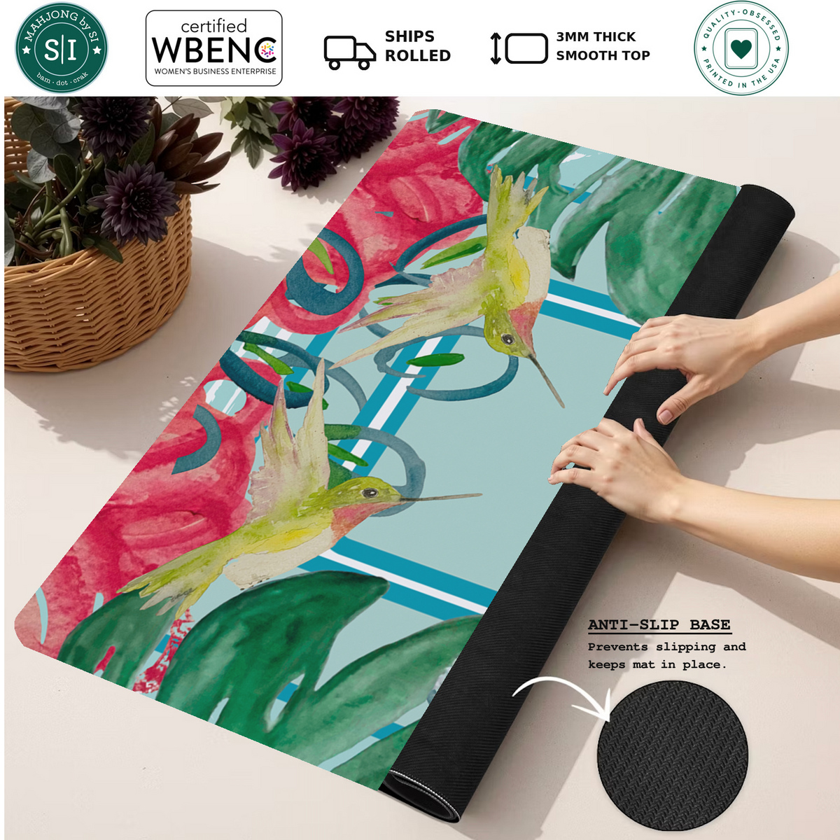 Hummingbird Haven mahjong mat — Rolled Mat Feature Image