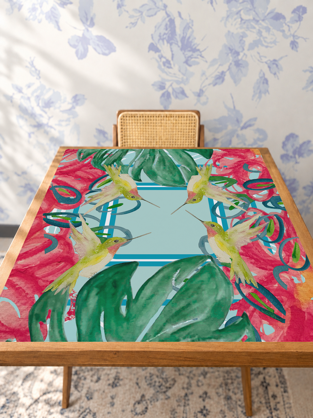 Hummingbird Haven mahjong mat — Studio Table Angle